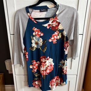 Papillon Blanc Floral Long Sleeve Top - Blue and Red